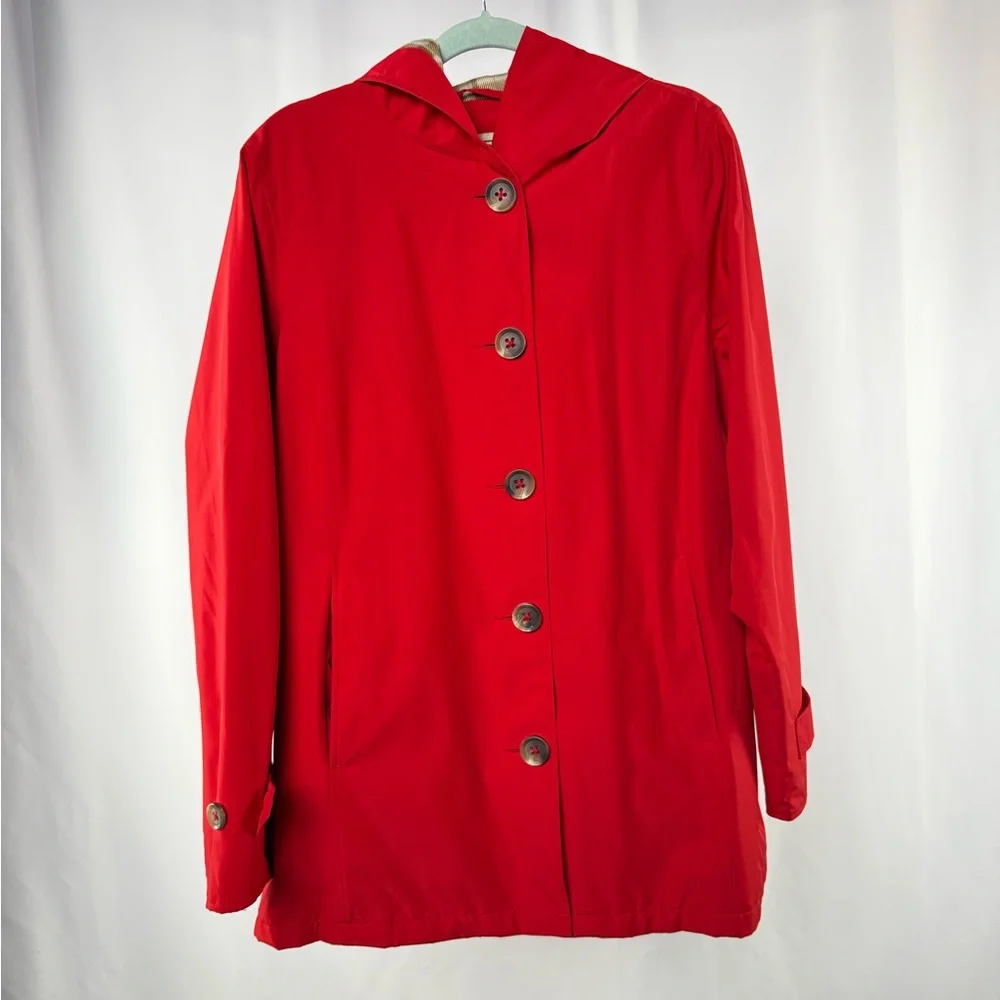 L.L. Bean Button Up Flannel Lined‎ Trench Coat in Red Tan Size Medium Regular